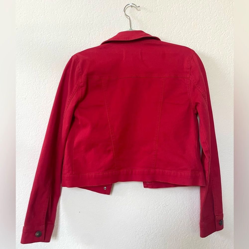 Cropped Denim Jacket Red Soft Cotton Lightweight Utility Embroidered Birds XXS - Picture 4 of 12